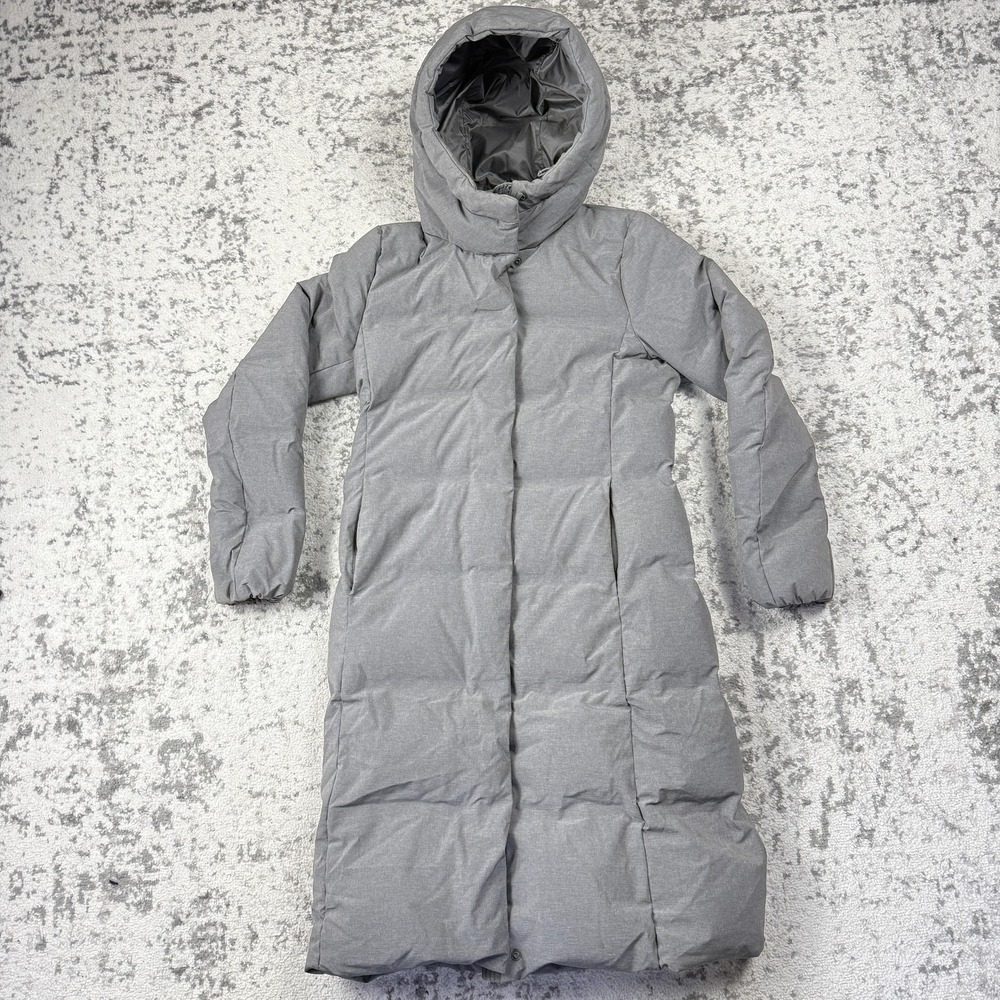 Uniqlo Down Coat Womens XS Gray Hooded Long Puffer Jacket Parka Warm Winter